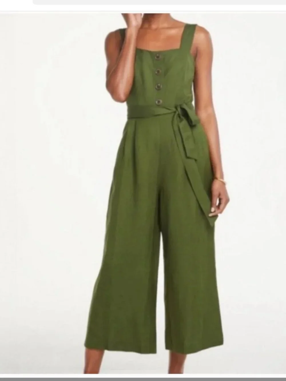Ann Taylor green linen blend wide leg one piece jumpsuit 16